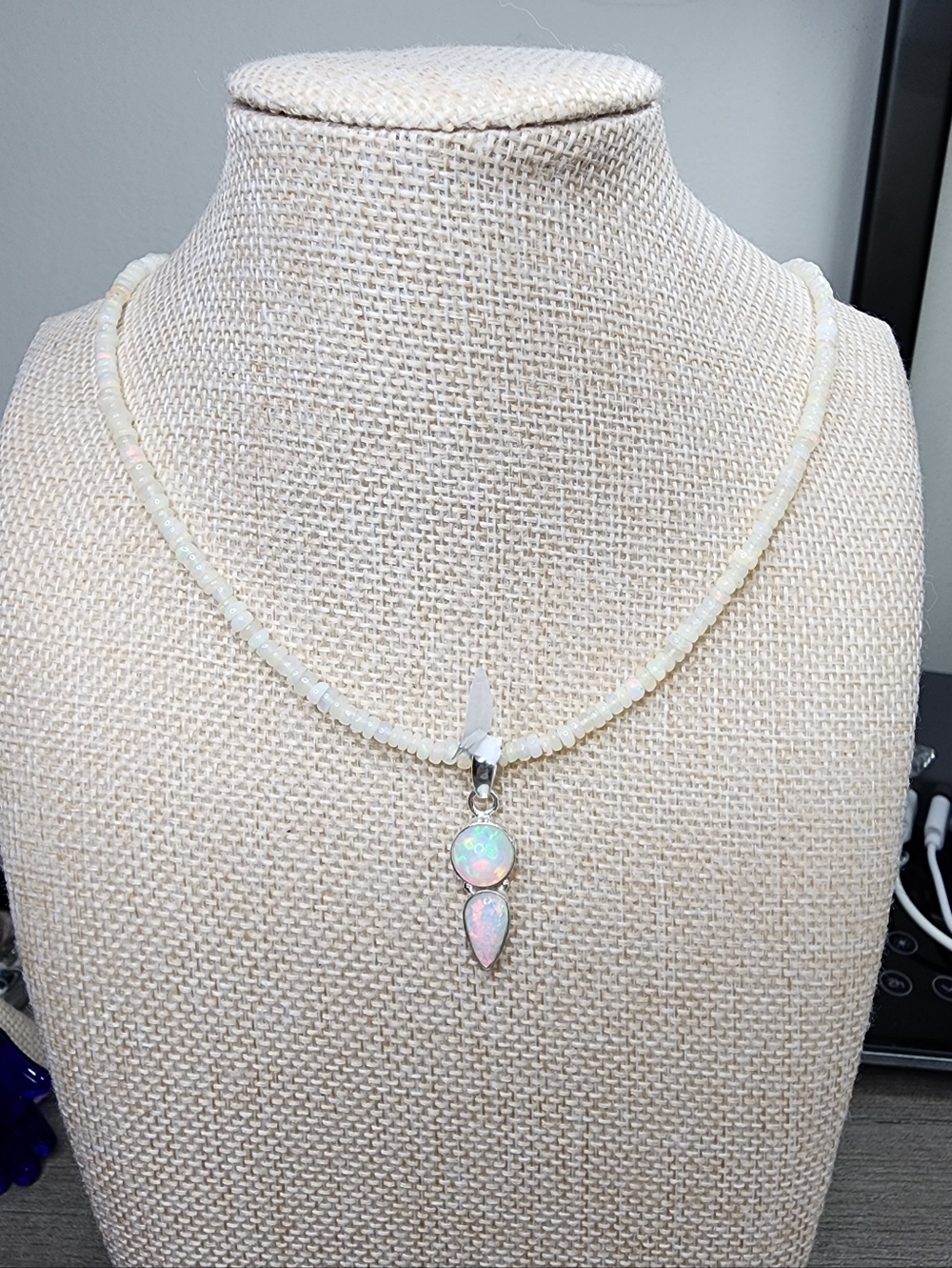 Opal Bead Necklace with Double Opal Pendant Set In Sterling Silver 925